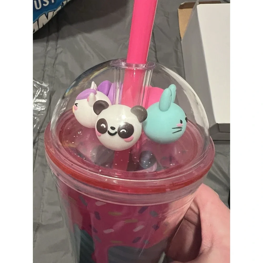 NIB Claire's Panda Bear Snow globe Pink Sprinkles Tumbler With Straw‎
